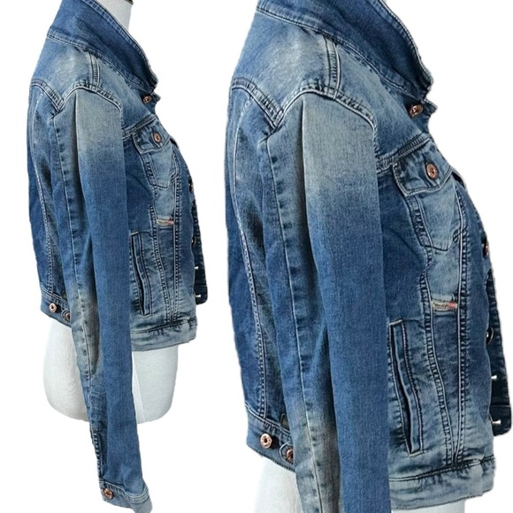 Diesel Fringi NE Denim Jean Jacket Women’s Small Leather Logo Stretch Fitted Y2K - Picture 9 of 17